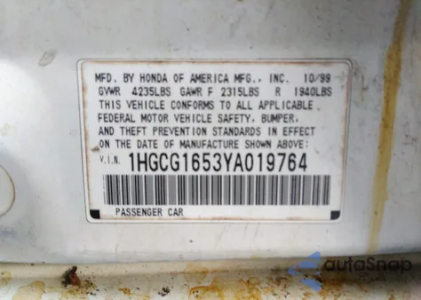 2000 Honda Accord 3.0 Ex из США, поврежденный, VIN 1HGCG1653YA019764